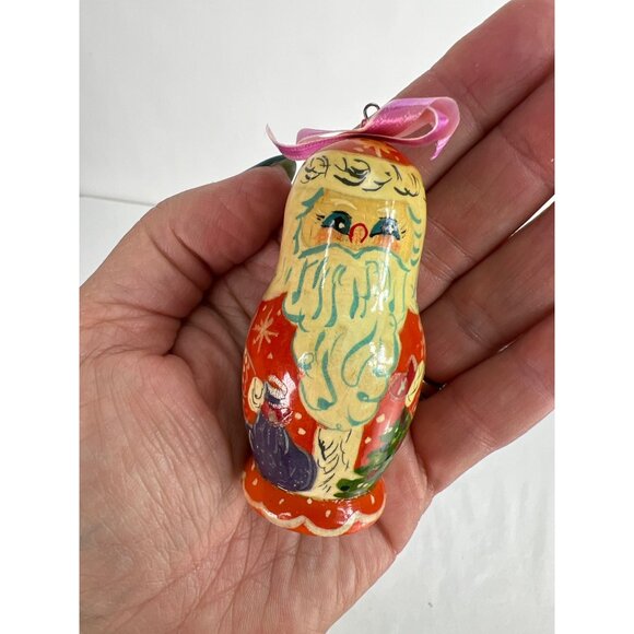 Hand-Painted Wooden Santa Matryoshka Doll Ornament Signed - Picture 2 of 5